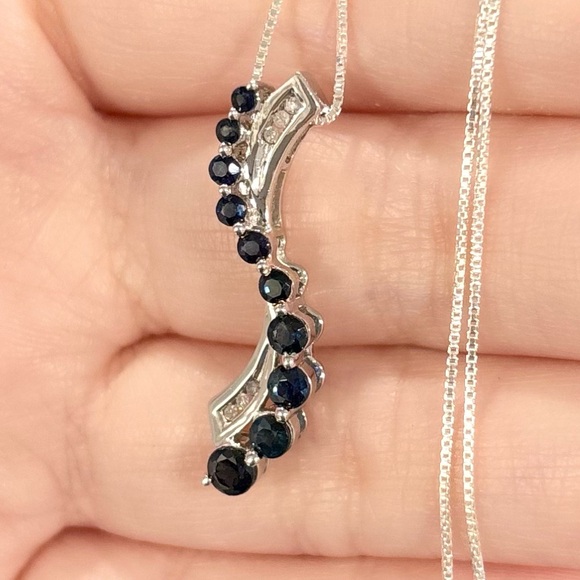 Jewelry - 10K Sapphire Diamond Journey channel swirl natural dark blue white gold pendant